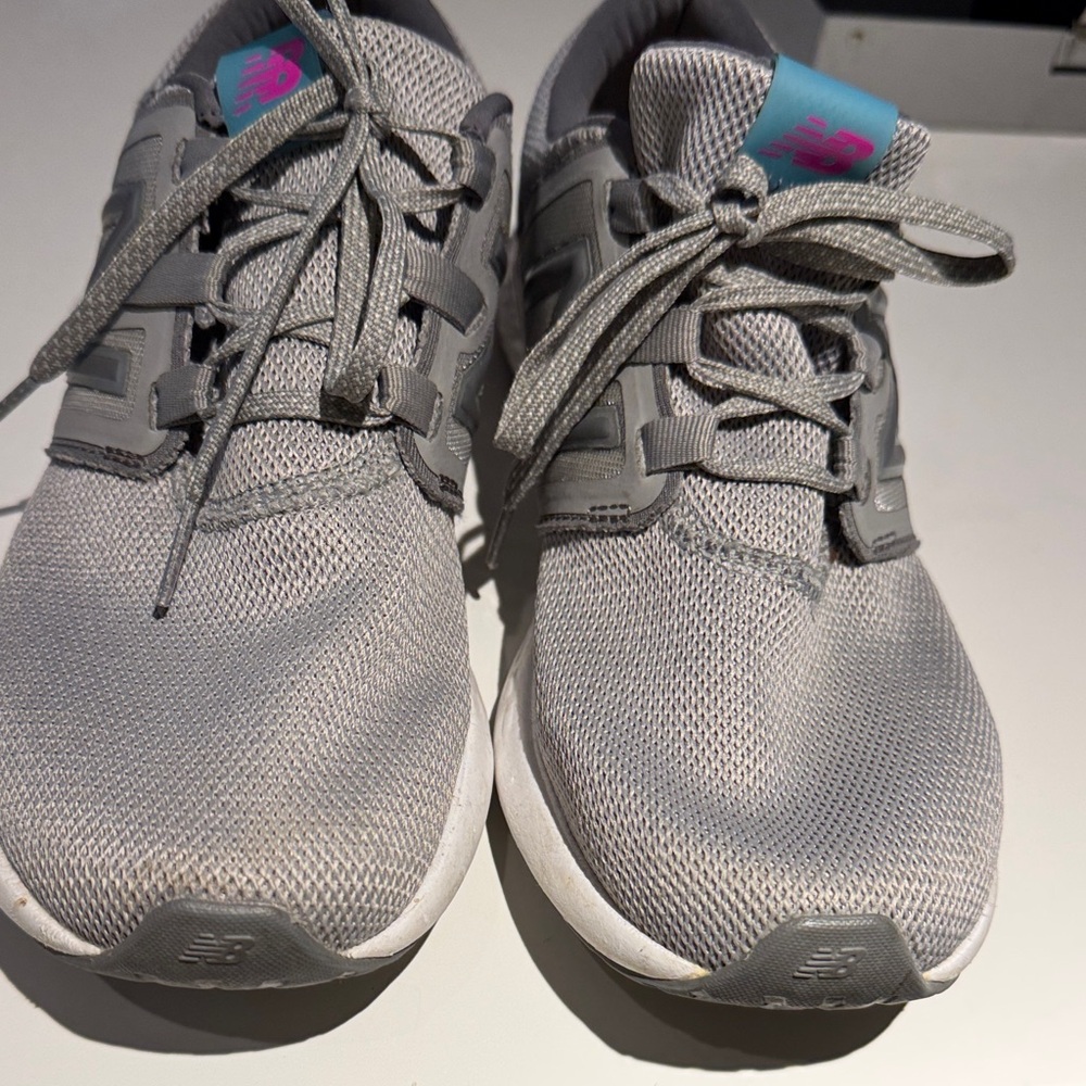 New Balance Ladies Gray Mesh Sneakers with Blue and Pink Accents
